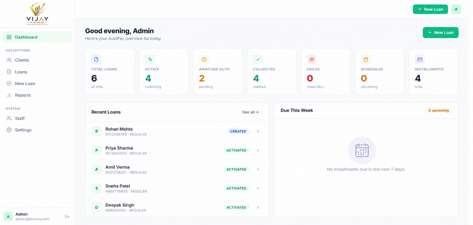 Vijay Finance loan management dashboard